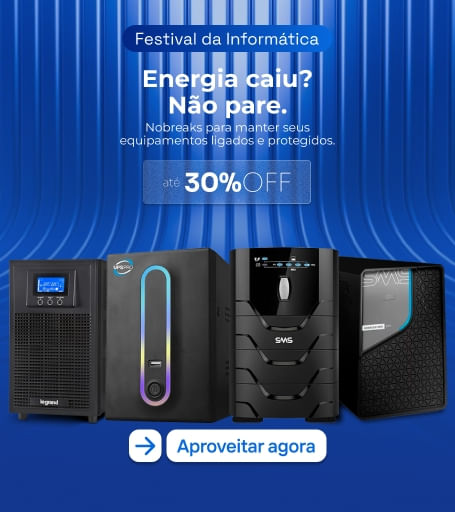 Banner Festival da Informática com nobreaks; texto ‘Energia caiu? Não pare.’ e oferta de até 30% OFF